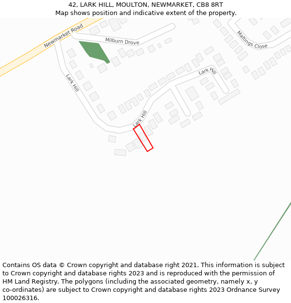 42, LARK HILL, MOULTON, NEWMARKET, CB8 8RT: Location map and indicative extent of plot