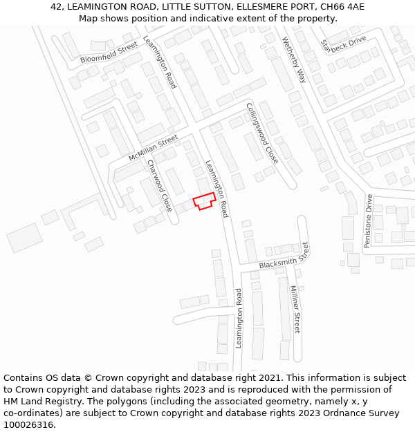 42, LEAMINGTON ROAD, LITTLE SUTTON, ELLESMERE PORT, CH66 4AE: Location map and indicative extent of plot