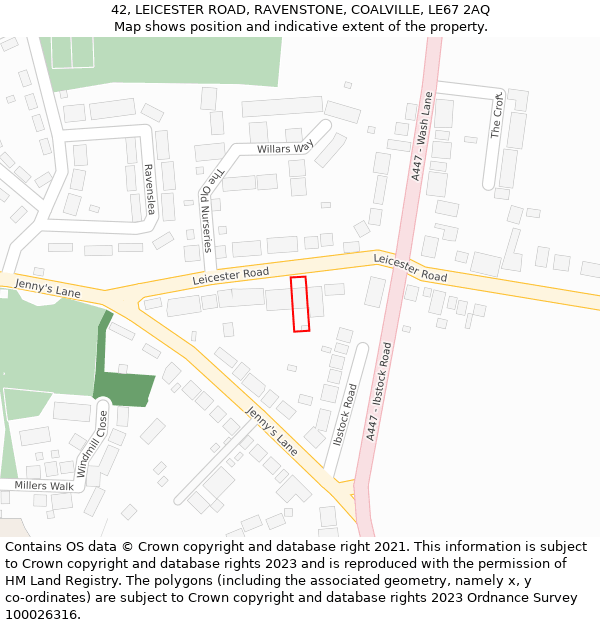 42, LEICESTER ROAD, RAVENSTONE, COALVILLE, LE67 2AQ: Location map and indicative extent of plot