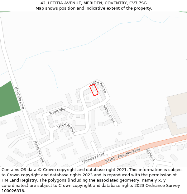 42, LETITIA AVENUE, MERIDEN, COVENTRY, CV7 7SG: Location map and indicative extent of plot