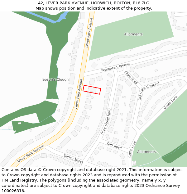 42, LEVER PARK AVENUE, HORWICH, BOLTON, BL6 7LG: Location map and indicative extent of plot
