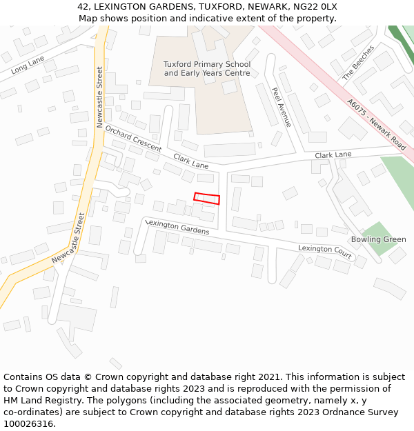 42, LEXINGTON GARDENS, TUXFORD, NEWARK, NG22 0LX: Location map and indicative extent of plot