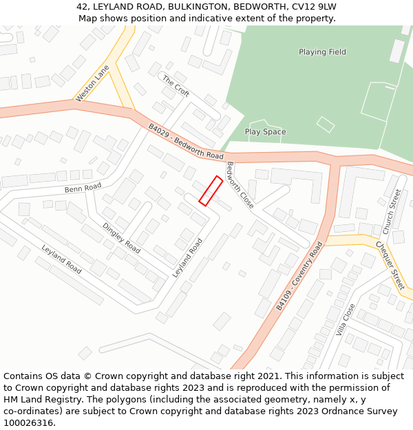 42, LEYLAND ROAD, BULKINGTON, BEDWORTH, CV12 9LW: Location map and indicative extent of plot