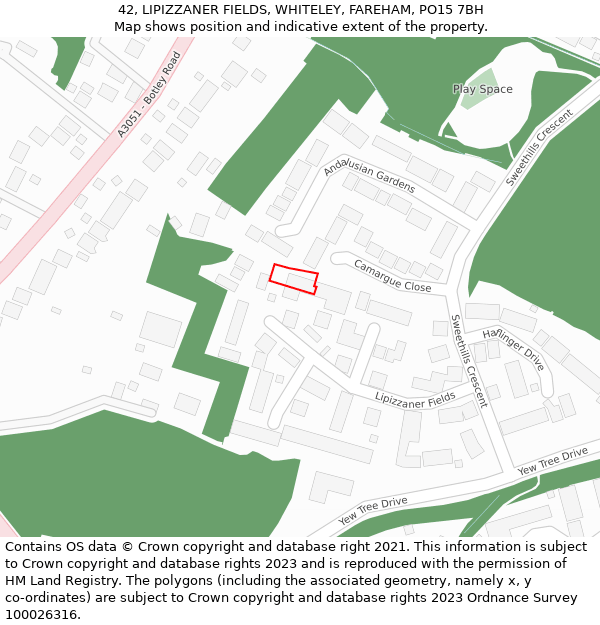 42, LIPIZZANER FIELDS, WHITELEY, FAREHAM, PO15 7BH: Location map and indicative extent of plot