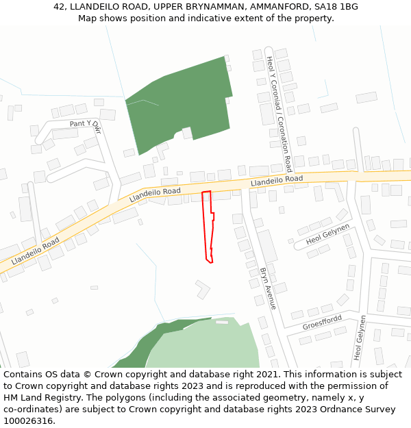 42, LLANDEILO ROAD, UPPER BRYNAMMAN, AMMANFORD, SA18 1BG: Location map and indicative extent of plot