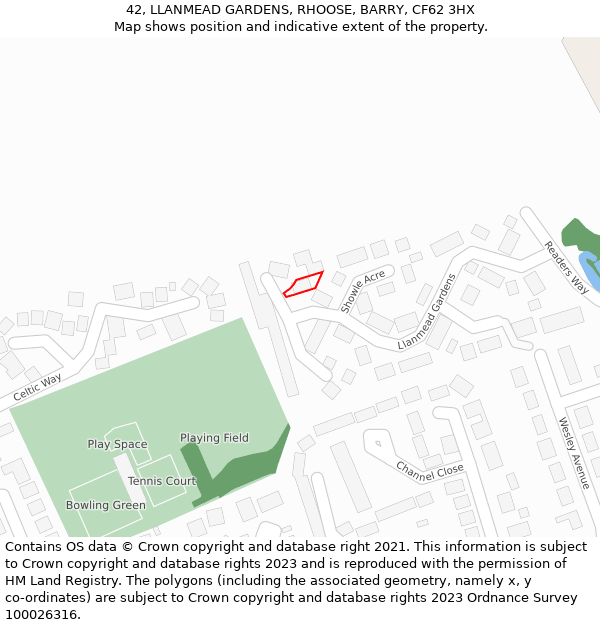 42, LLANMEAD GARDENS, RHOOSE, BARRY, CF62 3HX: Location map and indicative extent of plot