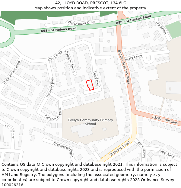 42, LLOYD ROAD, PRESCOT, L34 6LG: Location map and indicative extent of plot