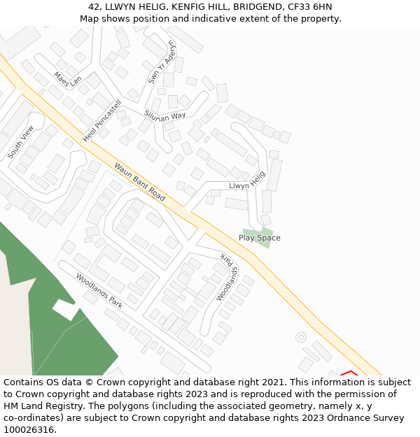 42, LLWYN HELIG, KENFIG HILL, BRIDGEND, CF33 6HN: Location map and indicative extent of plot