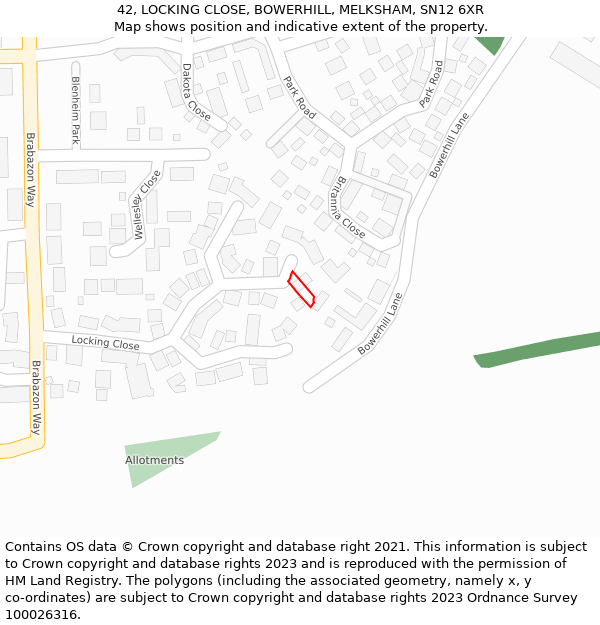 42, LOCKING CLOSE, BOWERHILL, MELKSHAM, SN12 6XR: Location map and indicative extent of plot