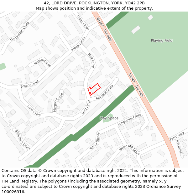 42, LORD DRIVE, POCKLINGTON, YORK, YO42 2PB: Location map and indicative extent of plot