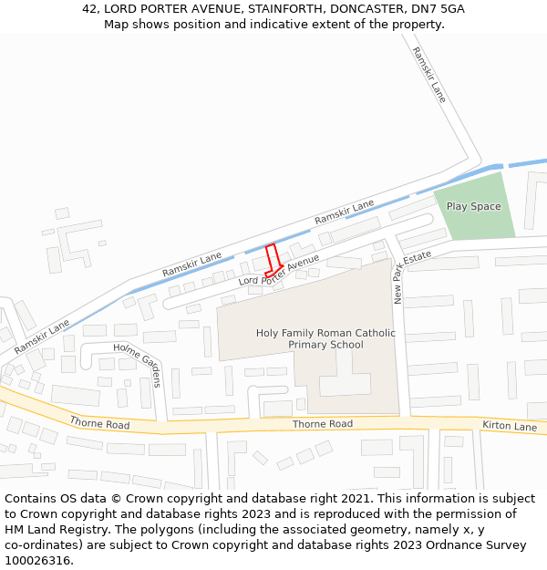 42, LORD PORTER AVENUE, STAINFORTH, DONCASTER, DN7 5GA: Location map and indicative extent of plot