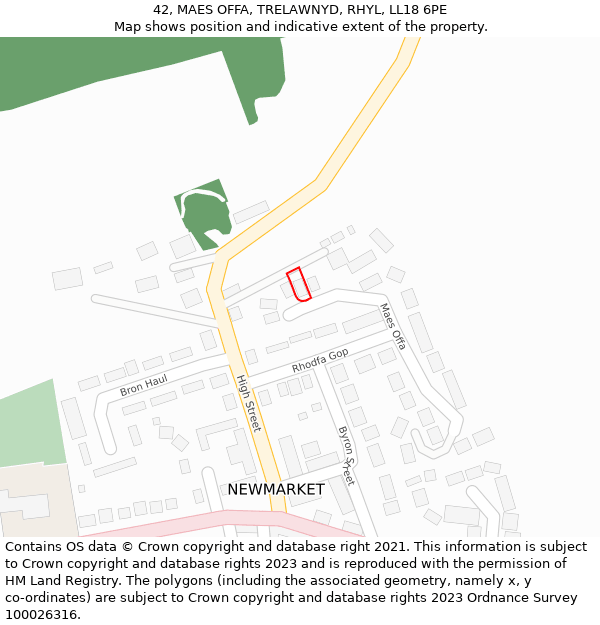 42, MAES OFFA, TRELAWNYD, RHYL, LL18 6PE: Location map and indicative extent of plot