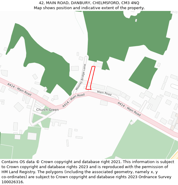42, MAIN ROAD, DANBURY, CHELMSFORD, CM3 4NQ: Location map and indicative extent of plot