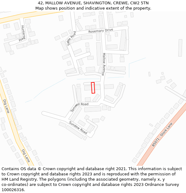 42, MALLOW AVENUE, SHAVINGTON, CREWE, CW2 5TN: Location map and indicative extent of plot