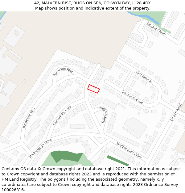 42, MALVERN RISE, RHOS ON SEA, COLWYN BAY, LL28 4RX: Location map and indicative extent of plot