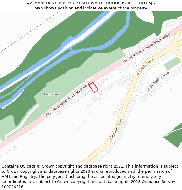 42, MANCHESTER ROAD, SLAITHWAITE, HUDDERSFIELD, HD7 5JA: Location map and indicative extent of plot
