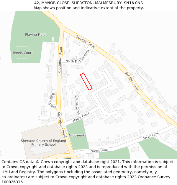 42, MANOR CLOSE, SHERSTON, MALMESBURY, SN16 0NS: Location map and indicative extent of plot