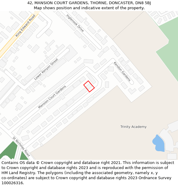 42, MANSION COURT GARDENS, THORNE, DONCASTER, DN8 5BJ: Location map and indicative extent of plot