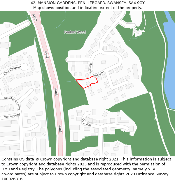 42, MANSION GARDENS, PENLLERGAER, SWANSEA, SA4 9GY: Location map and indicative extent of plot