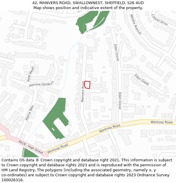42, MANVERS ROAD, SWALLOWNEST, SHEFFIELD, S26 4UD: Location map and indicative extent of plot