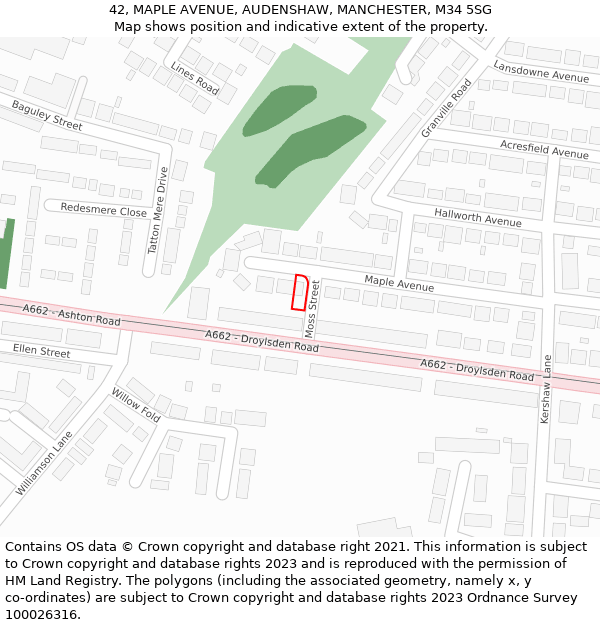 42, MAPLE AVENUE, AUDENSHAW, MANCHESTER, M34 5SG: Location map and indicative extent of plot