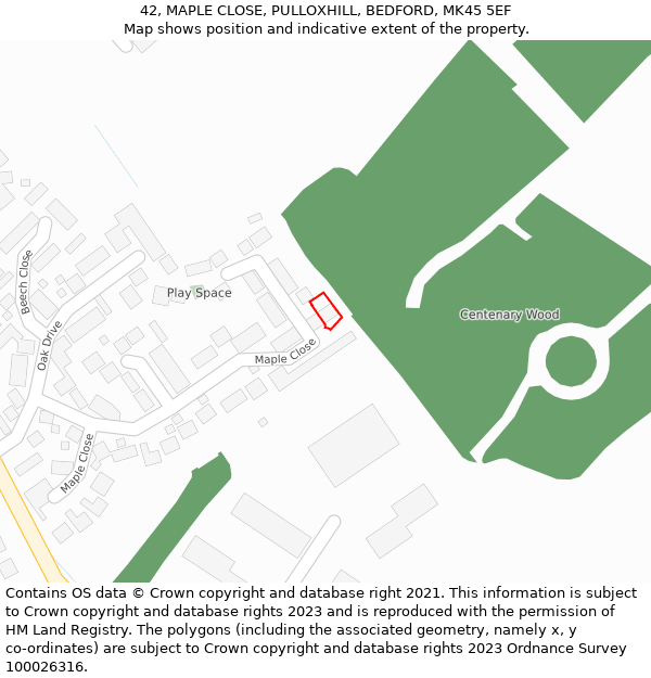 42, MAPLE CLOSE, PULLOXHILL, BEDFORD, MK45 5EF: Location map and indicative extent of plot