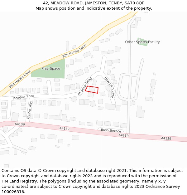 42, MEADOW ROAD, JAMESTON, TENBY, SA70 8QF: Location map and indicative extent of plot