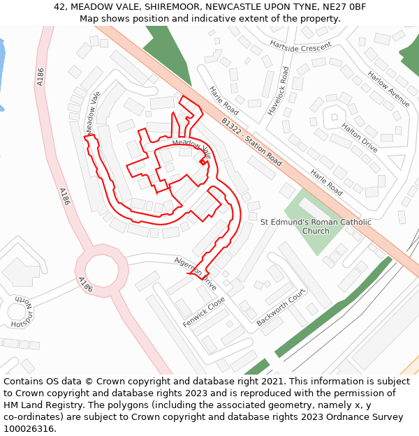 42, MEADOW VALE, SHIREMOOR, NEWCASTLE UPON TYNE, NE27 0BF: Location map and indicative extent of plot