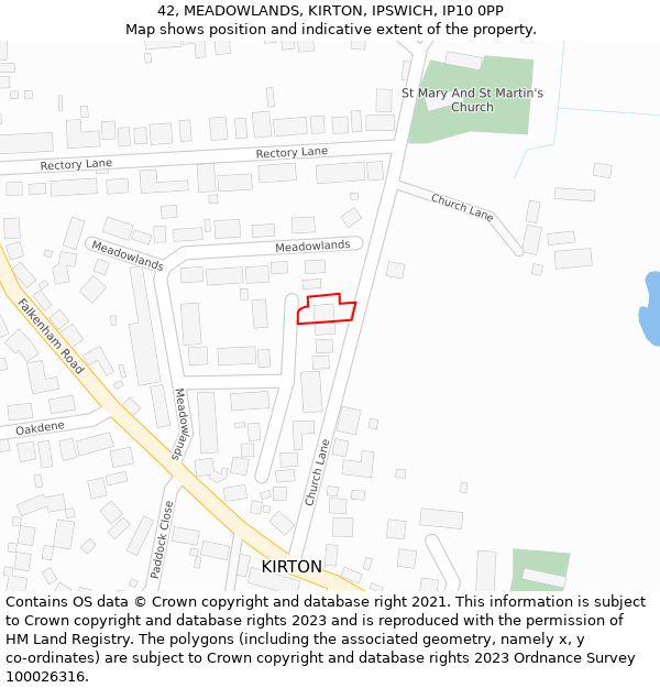 42, MEADOWLANDS, KIRTON, IPSWICH, IP10 0PP: Location map and indicative extent of plot