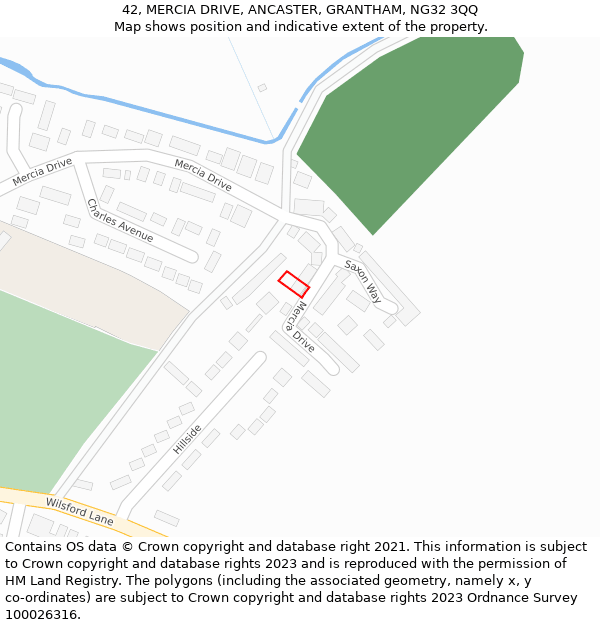 42, MERCIA DRIVE, ANCASTER, GRANTHAM, NG32 3QQ: Location map and indicative extent of plot