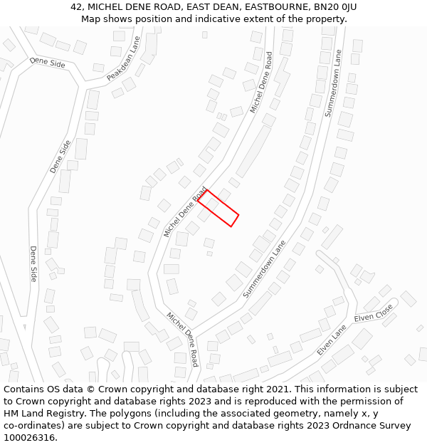 42, MICHEL DENE ROAD, EAST DEAN, EASTBOURNE, BN20 0JU: Location map and indicative extent of plot