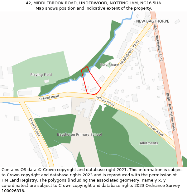 42, MIDDLEBROOK ROAD, UNDERWOOD, NOTTINGHAM, NG16 5HA: Location map and indicative extent of plot