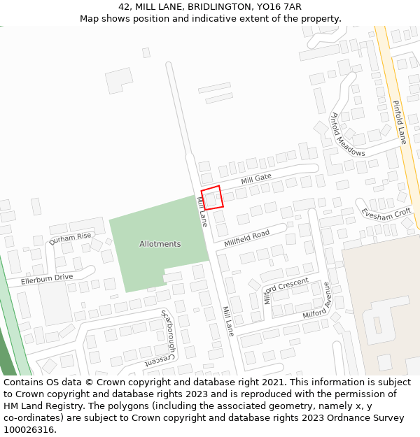 42, MILL LANE, BRIDLINGTON, YO16 7AR: Location map and indicative extent of plot