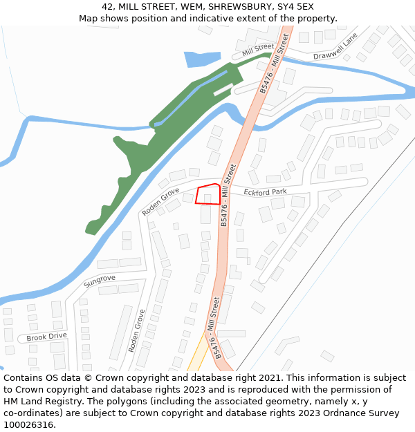 42, MILL STREET, WEM, SHREWSBURY, SY4 5EX: Location map and indicative extent of plot