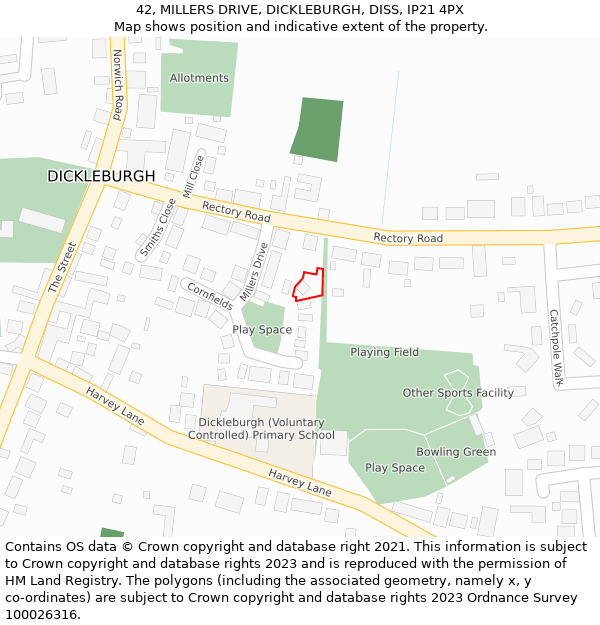 42, MILLERS DRIVE, DICKLEBURGH, DISS, IP21 4PX: Location map and indicative extent of plot