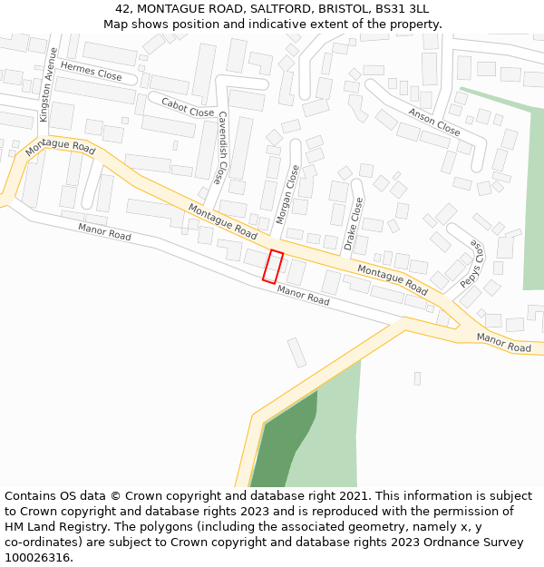 42, MONTAGUE ROAD, SALTFORD, BRISTOL, BS31 3LL: Location map and indicative extent of plot