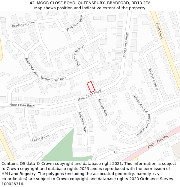 42, MOOR CLOSE ROAD, QUEENSBURY, BRADFORD, BD13 2EA: Location map and indicative extent of plot