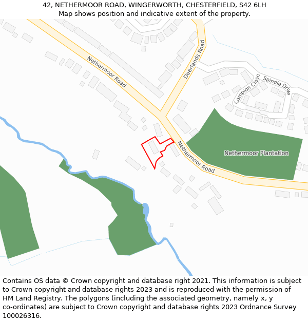 42, NETHERMOOR ROAD, WINGERWORTH, CHESTERFIELD, S42 6LH: Location map and indicative extent of plot