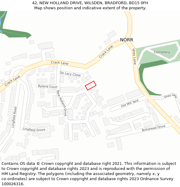 42, NEW HOLLAND DRIVE, WILSDEN, BRADFORD, BD15 0FH: Location map and indicative extent of plot