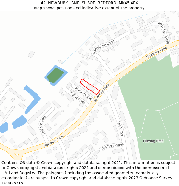 42, NEWBURY LANE, SILSOE, BEDFORD, MK45 4EX: Location map and indicative extent of plot