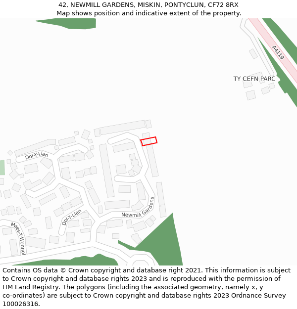 42, NEWMILL GARDENS, MISKIN, PONTYCLUN, CF72 8RX: Location map and indicative extent of plot