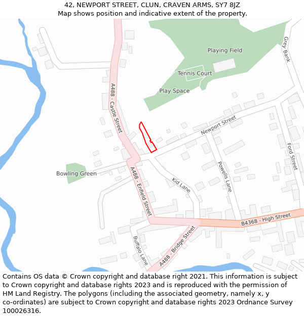 42, NEWPORT STREET, CLUN, CRAVEN ARMS, SY7 8JZ: Location map and indicative extent of plot