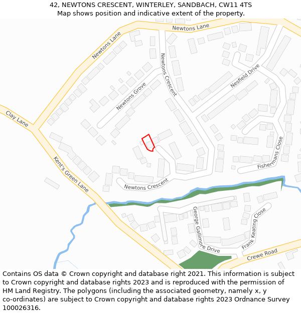 42, NEWTONS CRESCENT, WINTERLEY, SANDBACH, CW11 4TS: Location map and indicative extent of plot