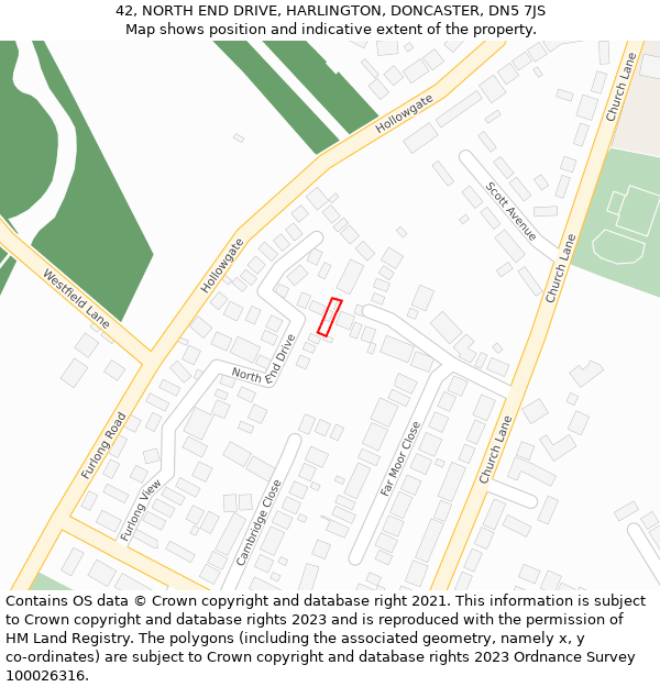 42, NORTH END DRIVE, HARLINGTON, DONCASTER, DN5 7JS: Location map and indicative extent of plot