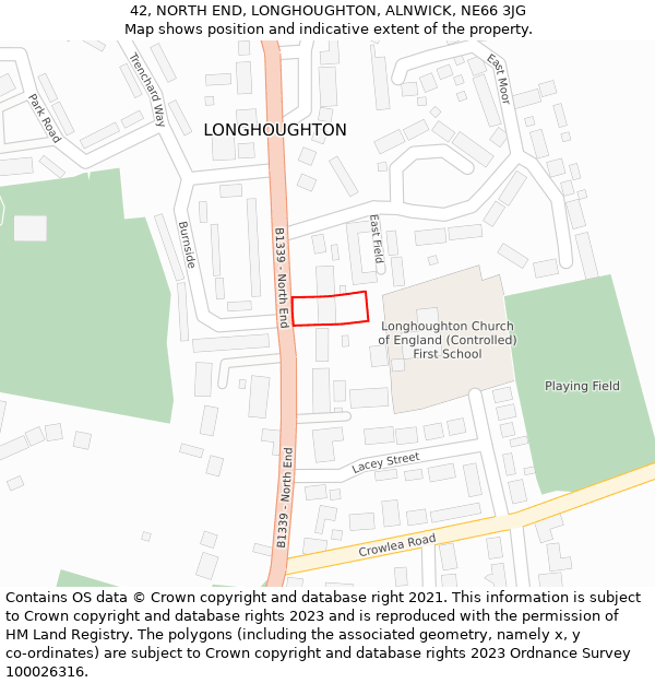 42, NORTH END, LONGHOUGHTON, ALNWICK, NE66 3JG: Location map and indicative extent of plot