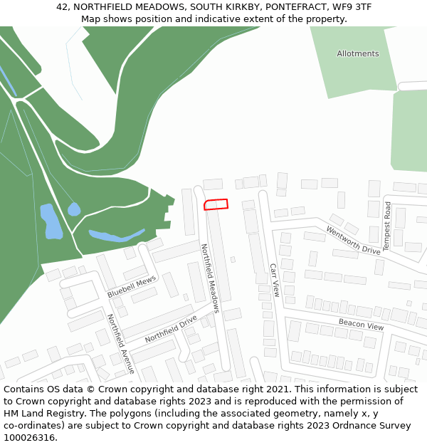 42, NORTHFIELD MEADOWS, SOUTH KIRKBY, PONTEFRACT, WF9 3TF: Location map and indicative extent of plot