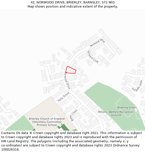 42, NORWOOD DRIVE, BRIERLEY, BARNSLEY, S72 9EG: Location map and indicative extent of plot