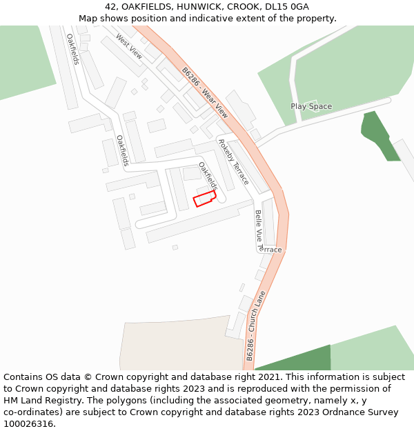 42, OAKFIELDS, HUNWICK, CROOK, DL15 0GA: Location map and indicative extent of plot