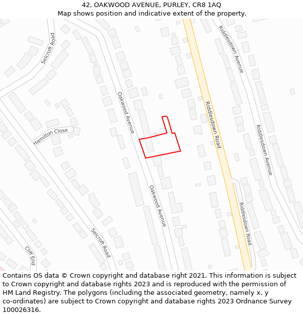 42, OAKWOOD AVENUE, PURLEY, CR8 1AQ: Location map and indicative extent of plot