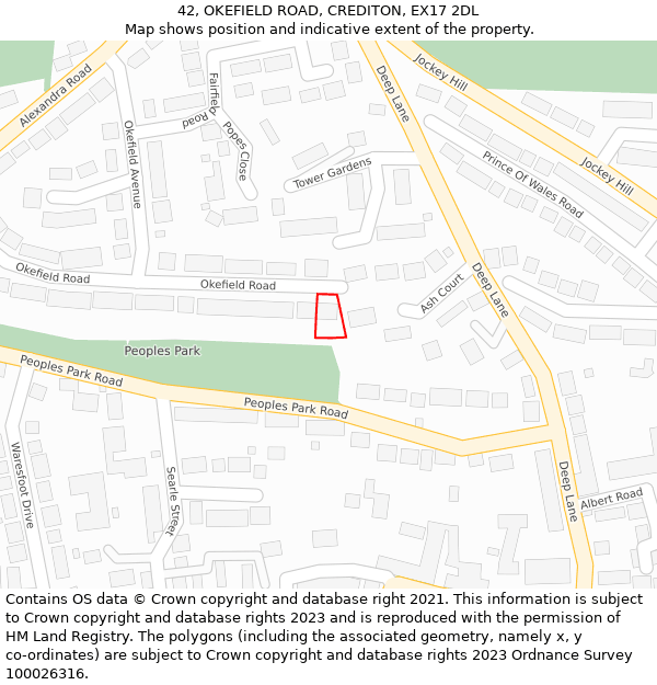 42, OKEFIELD ROAD, CREDITON, EX17 2DL: Location map and indicative extent of plot